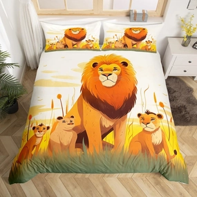 Cartoon Lion Kid Duvet Cover Set Queen Size,Cute Animal Bedding Set Girl Boy Room Decor,Prairie Scenery African Wildlife Comforter Cover 3Pcs,Kawaii Lions Bedspreads Cover,2 Pillowcases(NO Comforter)