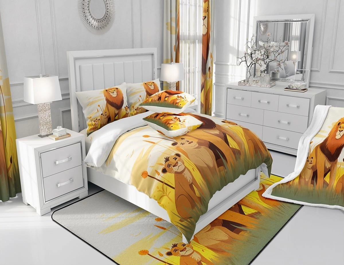 Cartoon Lion Kid Duvet Cover Set Queen Size,Cute Animal Bedding Set Girl Boy Room Decor,Prairie Scenery African Wildlife Comforter Cover 3Pcs,Kawaii Lions Bedspreads Cover,2 Pillowcases(NO Comforter)