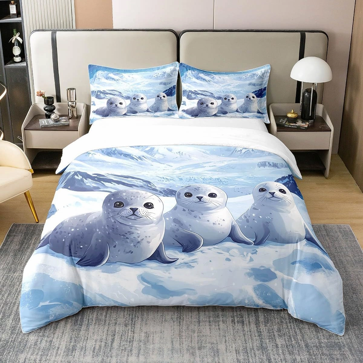 Cartoon Seal 100% Cotton Duvet Cover King Arctic Wild Animal Bedding Set for Girls Boys Kids Glacier Snow Mountain Comforter Cover Kawaii Wildlife Quilt Cover Fashion Room Decor(No Comforter)