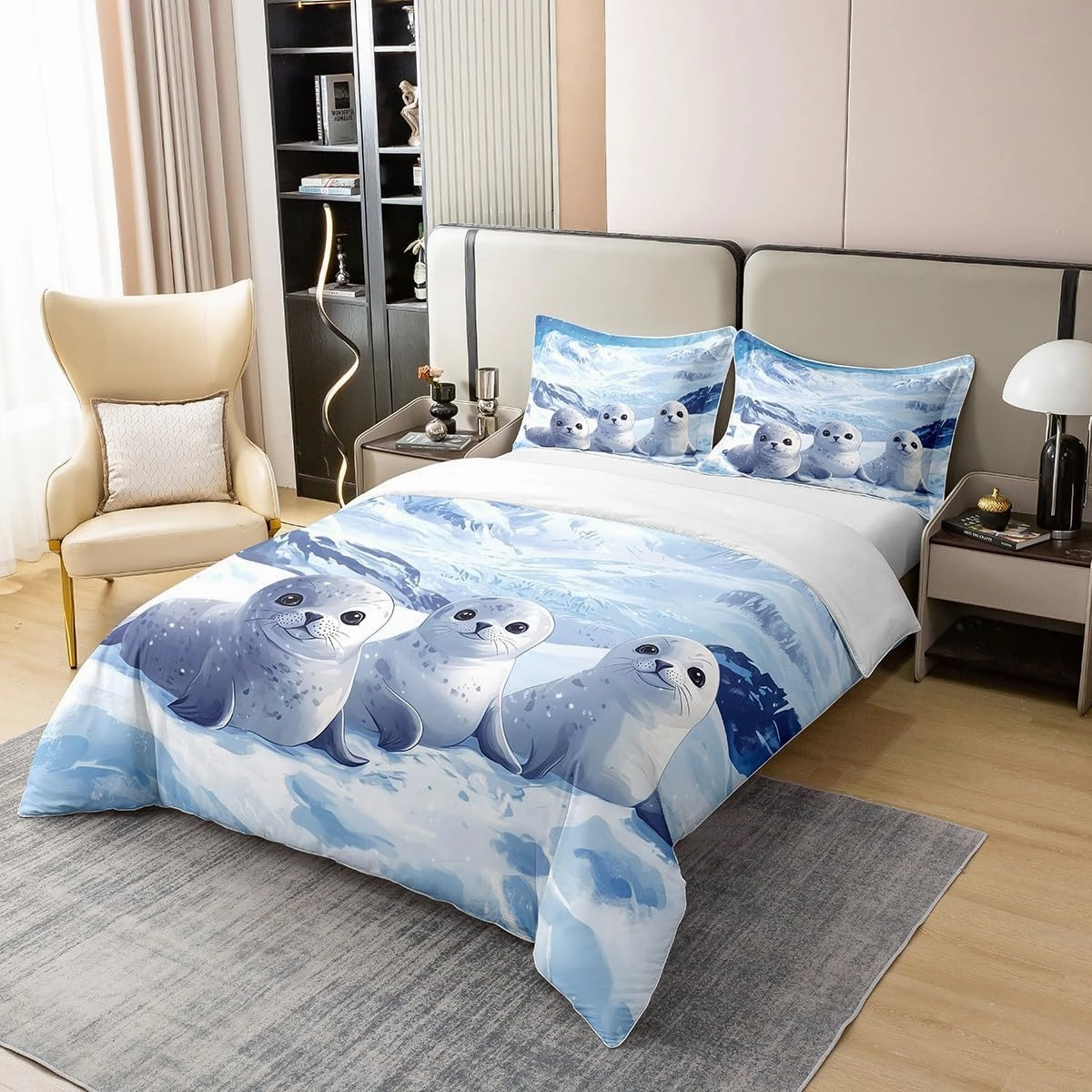 Cartoon Seal 100% Cotton Duvet Cover King Arctic Wild Animal Bedding Set for Girls Boys Kids Glacier Snow Mountain Comforter Cover Kawaii Wildlife Quilt Cover Fashion Room Decor(No Comforter)