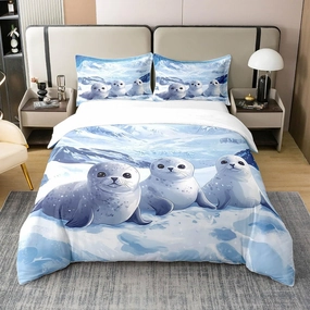 Cartoon Seal 100% Cotton Duvet Cover King Arctic Wild Animal Bedding Set for Girls Boys Kids Glacier Snow Mountain Comforter Cover Kawaii Wildlife Quilt Cover Fashion Room Decor(No Comforter)