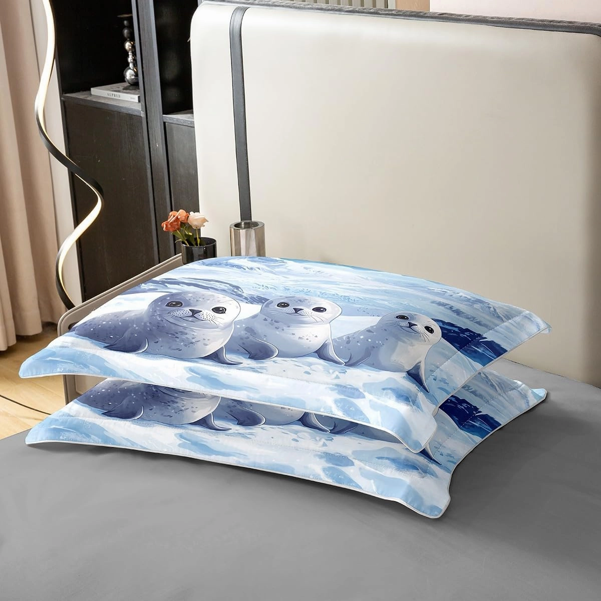 Cartoon Seal 100% Cotton Duvet Cover King Arctic Wild Animal Bedding Set for Girls Boys Kids Glacier Snow Mountain Comforter Cover Kawaii Wildlife Quilt Cover Fashion Room Decor(No Comforter)