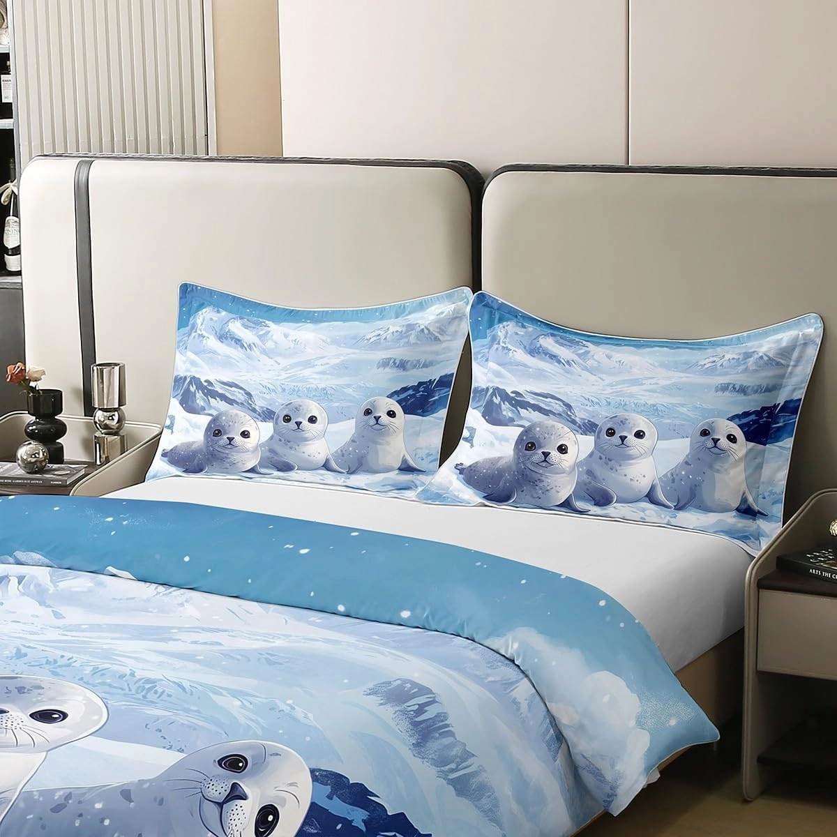 Cartoon Seal 100% Cotton Duvet Cover King Arctic Wild Animal Bedding Set for Girls Boys Kids Glacier Snow Mountain Comforter Cover Kawaii Wildlife Quilt Cover Fashion Room Decor(No Comforter)