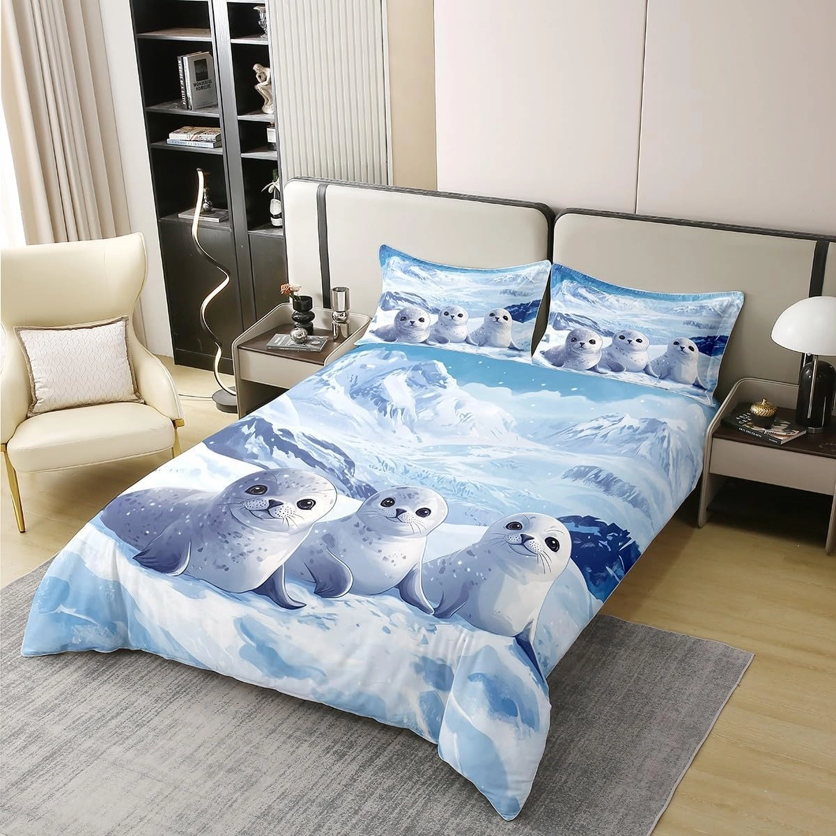 Cartoon Seal 100% Cotton Duvet Cover King Arctic Wild Animal Bedding Set for Girls Boys Kids Glacier Snow Mountain Comforter Cover Kawaii Wildlife Quilt Cover Fashion Room Decor(No Comforter)