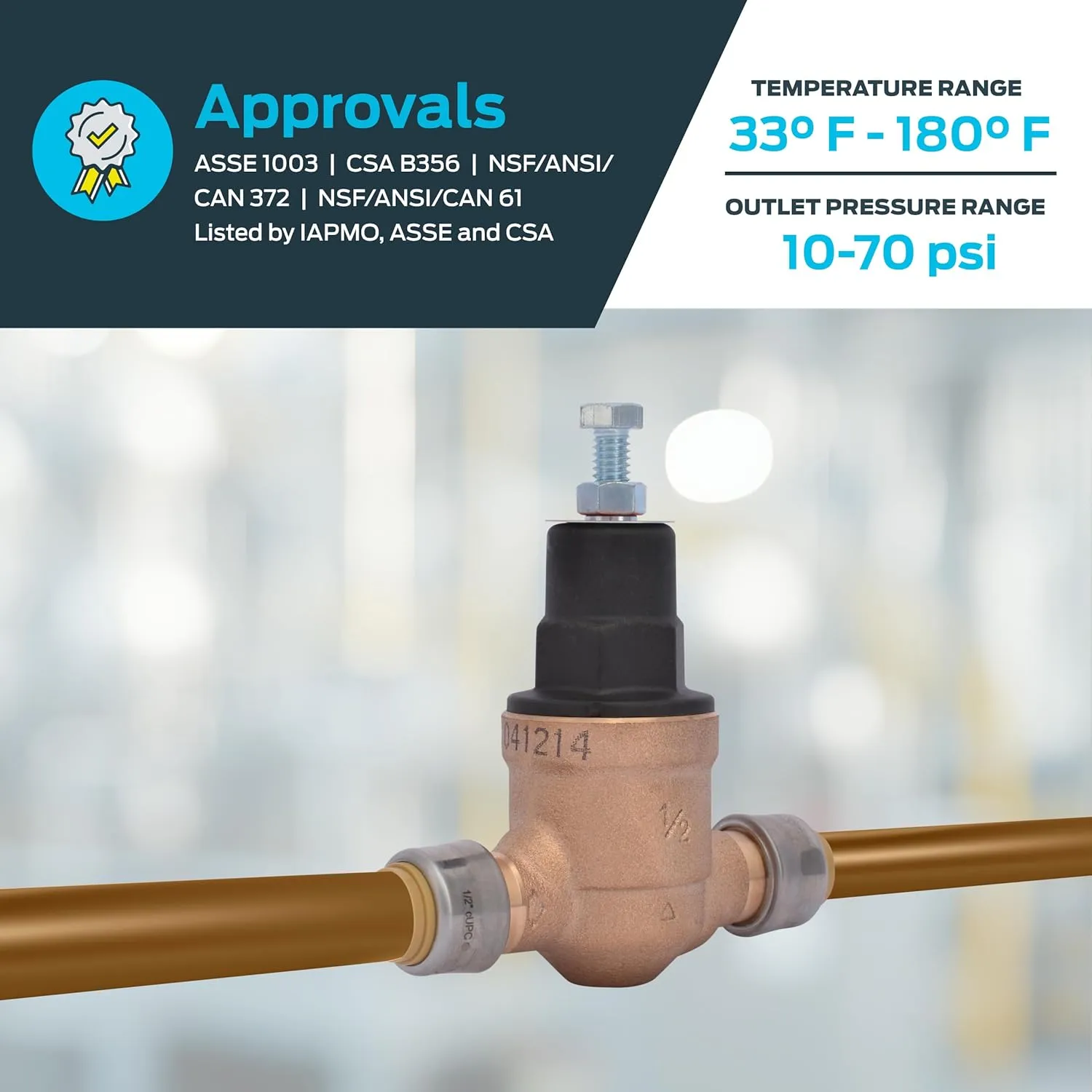 Cash Acme EB45 SharkBite Pressure Regulating Valve, Direct, 1/2 Inch Push to Connect, Poly Top, 45 PSI, 23807-0045