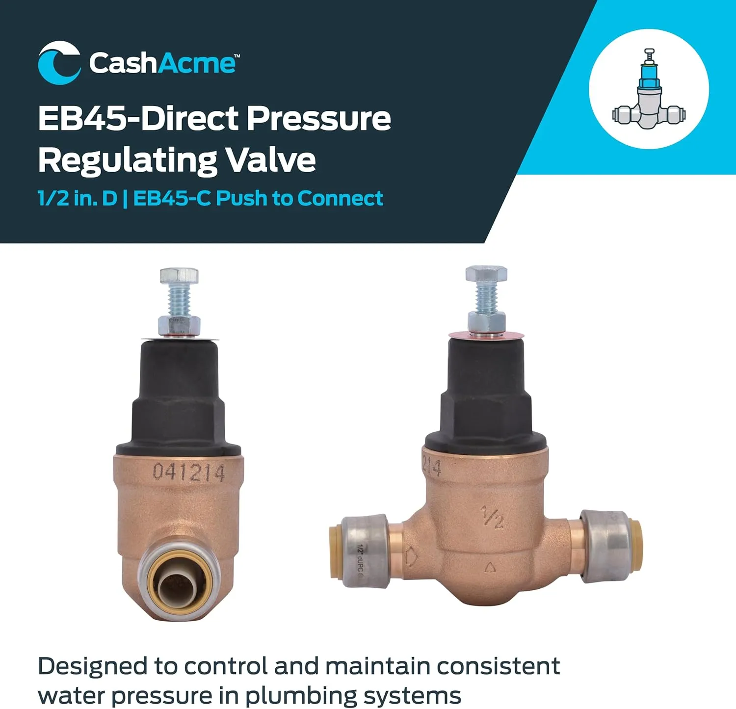 Cash Acme EB45 SharkBite Pressure Regulating Valve, Direct, 1/2 Inch Push to Connect, Poly Top, 45 PSI, 23807-0045