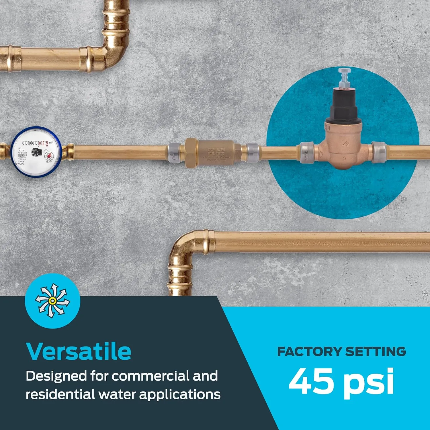Cash Acme EB45 SharkBite Pressure Regulating Valve, Direct, 1/2 Inch Push to Connect, Poly Top, 45 PSI, 23807-0045