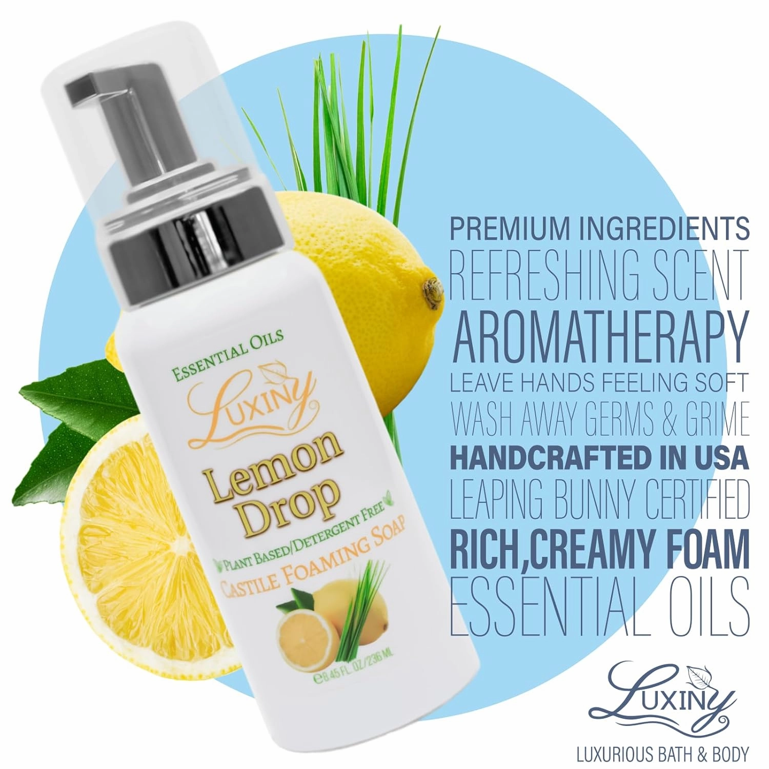 Castile soap, Liquid Foaming Hand Soap, All Natural Moisturizing Hand Wash for the Kitchen & Bathroom, Palm Oil Free, Vegan & Cruelty Free, Made in the USA, 8.45 oz., 2 Pack (Lemon Drop)