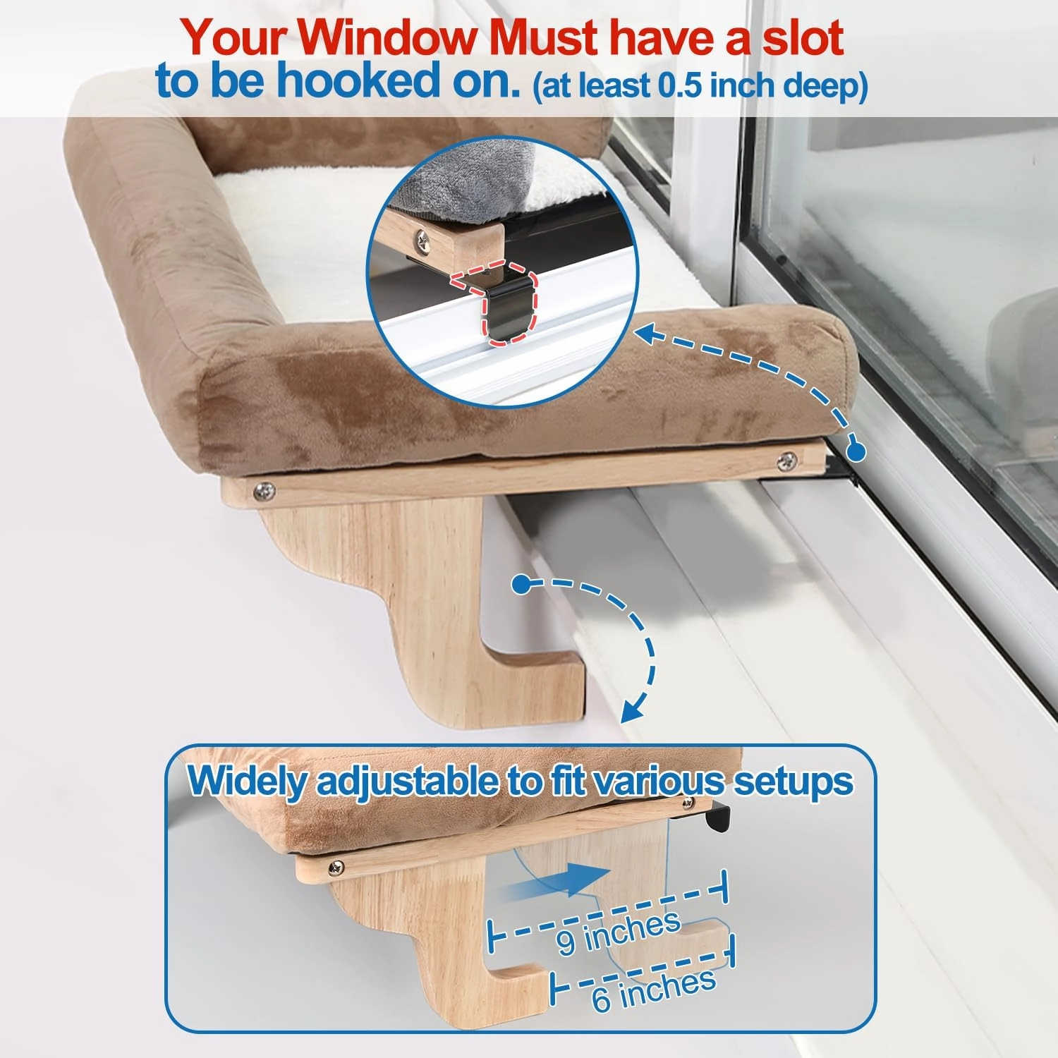 Cat Perch for Window Sill with Bolster - Orthopedic Hammock Design with Premium Hardwood & Robust Metal Frame - Cat Window Seat for Large Cats and Kittens - Natural Color Wood with Gray Bed