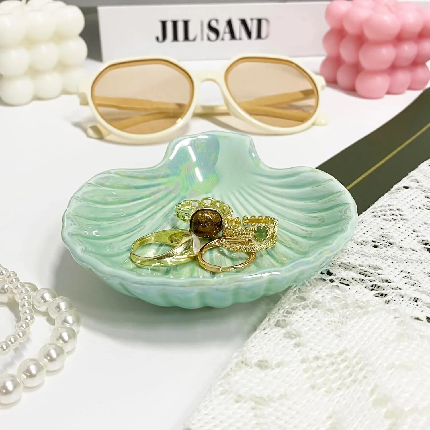 Ceramic Shell Ring Holder Dish, Small Shell Trinket Dish for Women, Ceramic Beachy Jewelry Plate Bowl for Earrings Necklace, 3.9", Ice Green Iridescent Surface
