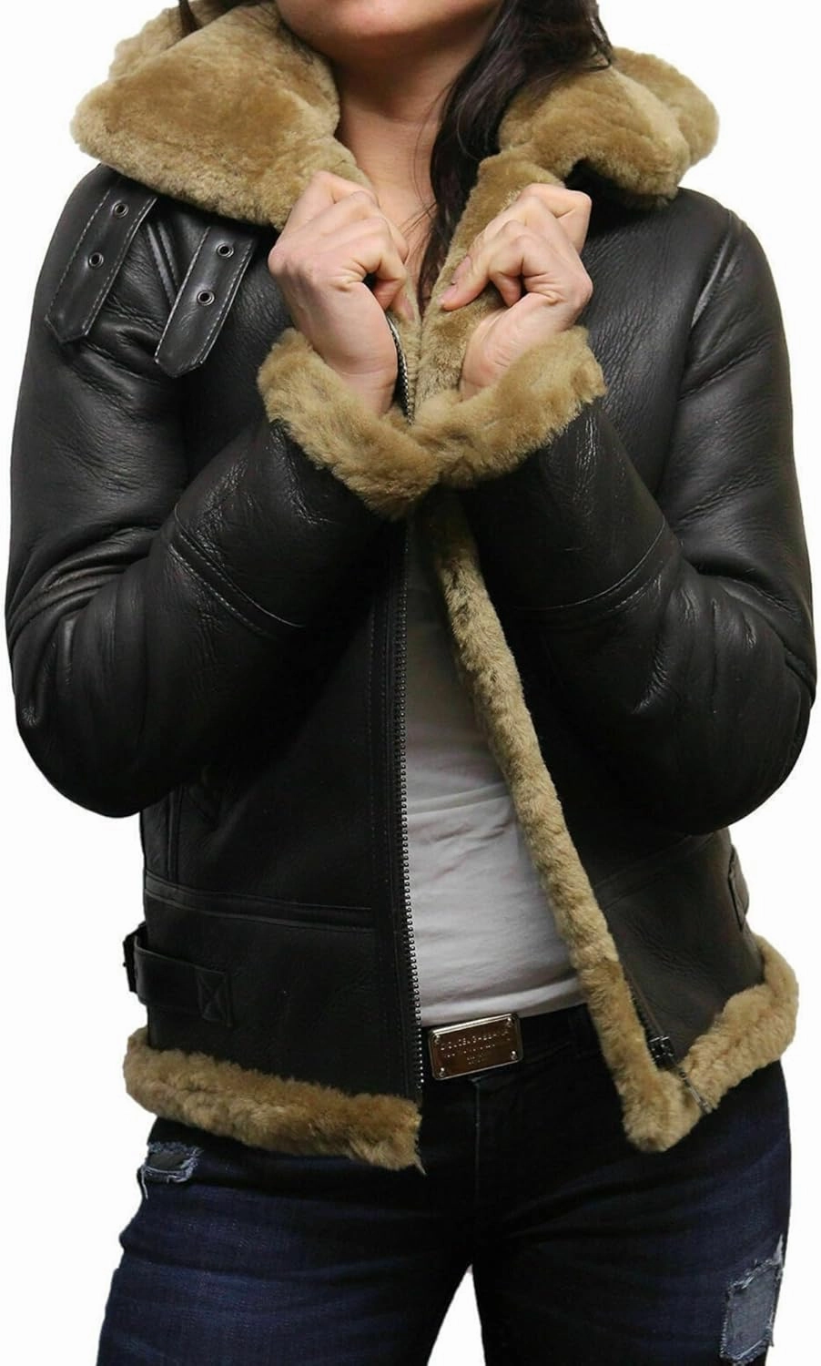 CHAYELL Women's Leather Jacket with Hood Faux Fur Shearling Aviator Pilot Bomber Genuine Sheepskin Leather Jackets for Women