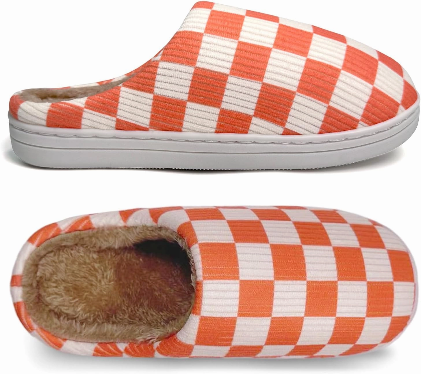 Checkered Memory Foam Slippers - Women's & Men's Soft Warm Bedroom House Slippers with Faux Fur Lining - Indoor/Outdoor - Pink, White, Black - Size 8/9