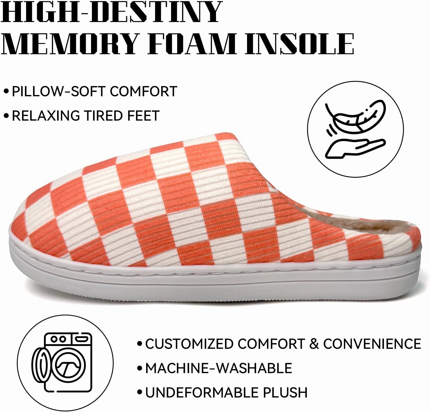 Checkered Memory Foam Slippers - Women's & Men's Soft Warm Bedroom House Slippers with Faux Fur Lining - Indoor/Outdoor - Pink, White, Black - Size 8/9