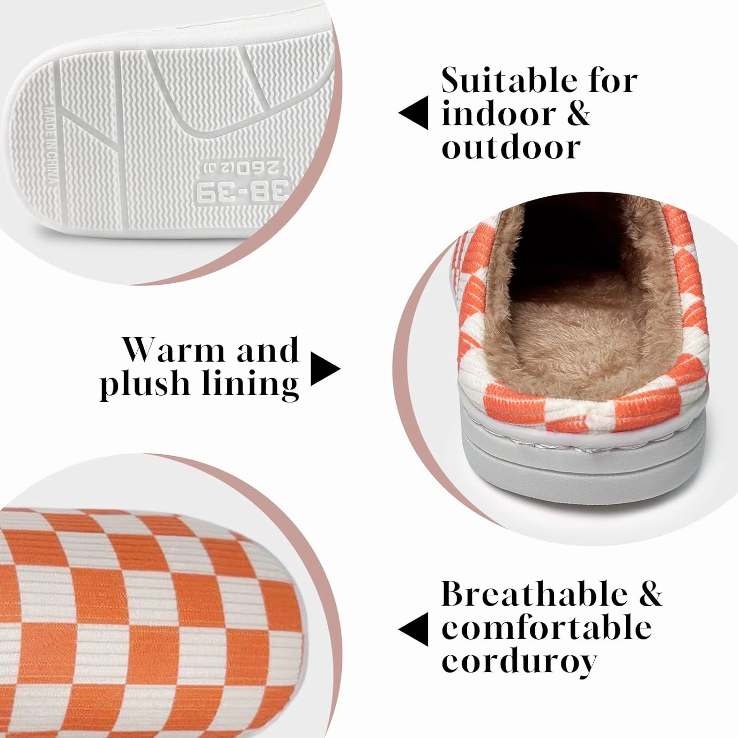Checkered Memory Foam Slippers - Women's & Men's Soft Warm Bedroom House Slippers with Faux Fur Lining - Indoor/Outdoor - Pink, White, Black - Size 8/9