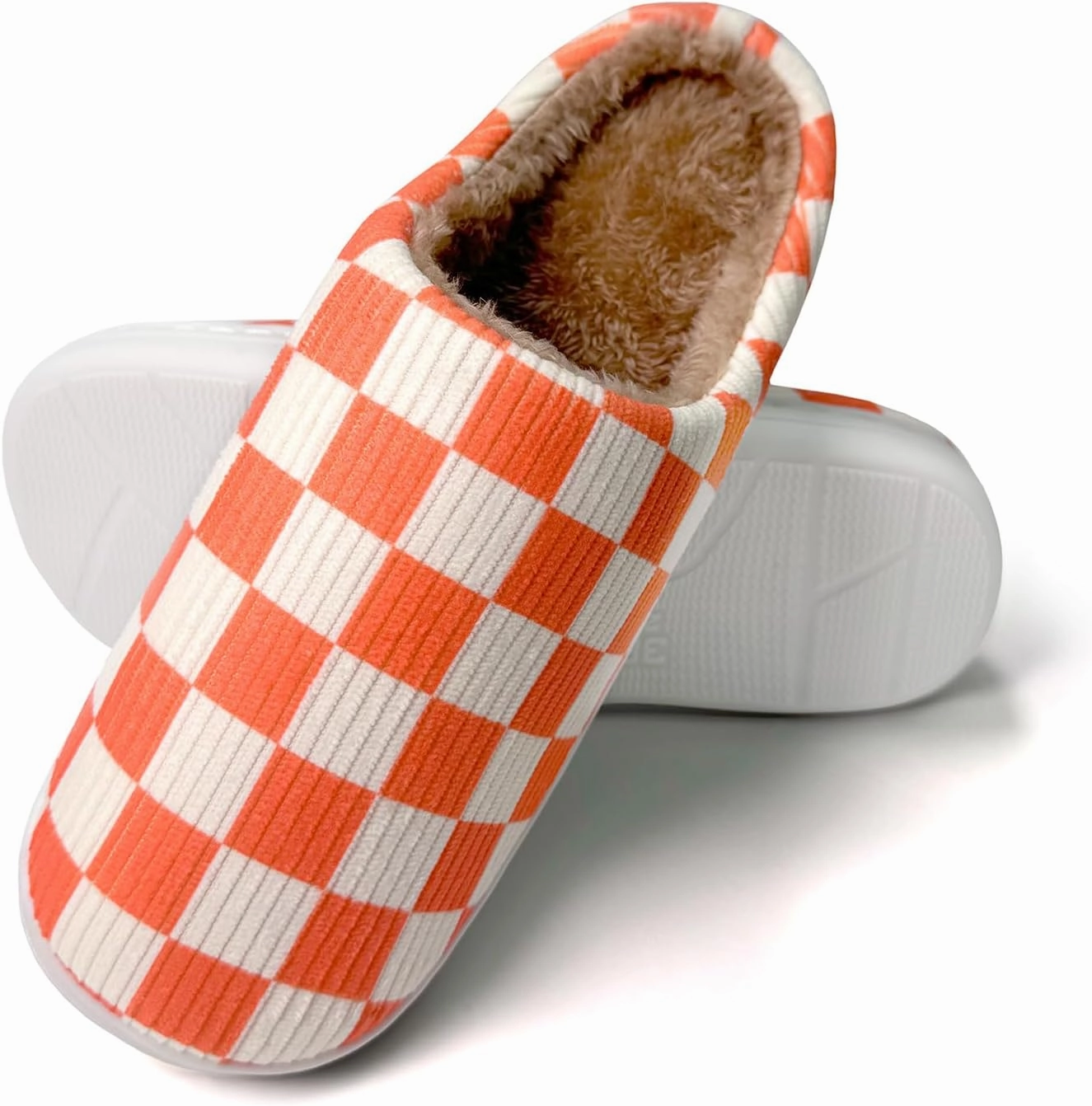 Checkered Memory Foam Slippers - Women's & Men's Soft Warm Bedroom House Slippers with Faux Fur Lining - Indoor/Outdoor - Pink, White, Black - Size 8/9