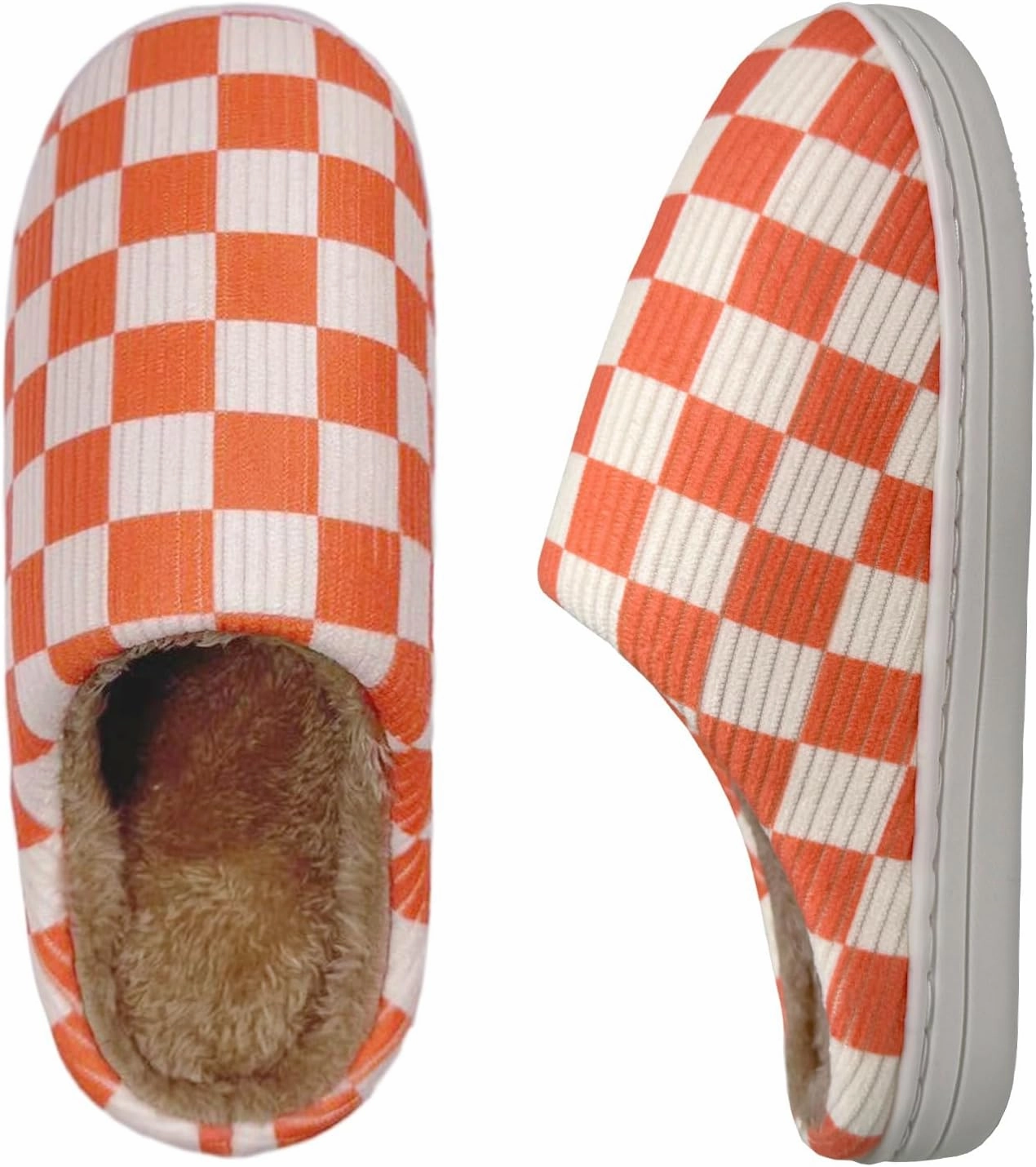 Checkered Memory Foam Slippers - Women's & Men's Soft Warm Bedroom House Slippers with Faux Fur Lining - Indoor/Outdoor - Pink, White, Black - Size 8/9