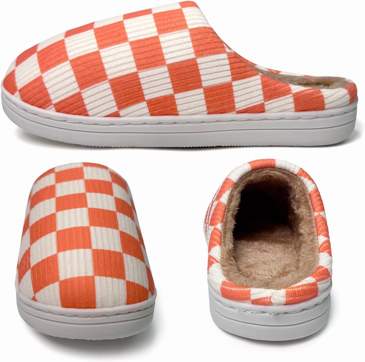 Checkered Memory Foam Slippers - Women's & Men's Soft Warm Bedroom House Slippers with Faux Fur Lining - Indoor/Outdoor - Pink, White, Black - Size 8/9