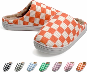 Checkered Memory Foam Slippers - Women's & Men's Soft Warm Bedroom House Slippers with Faux Fur Lining - Indoor/Outdoor - Pink, White, Black - Size 8/9