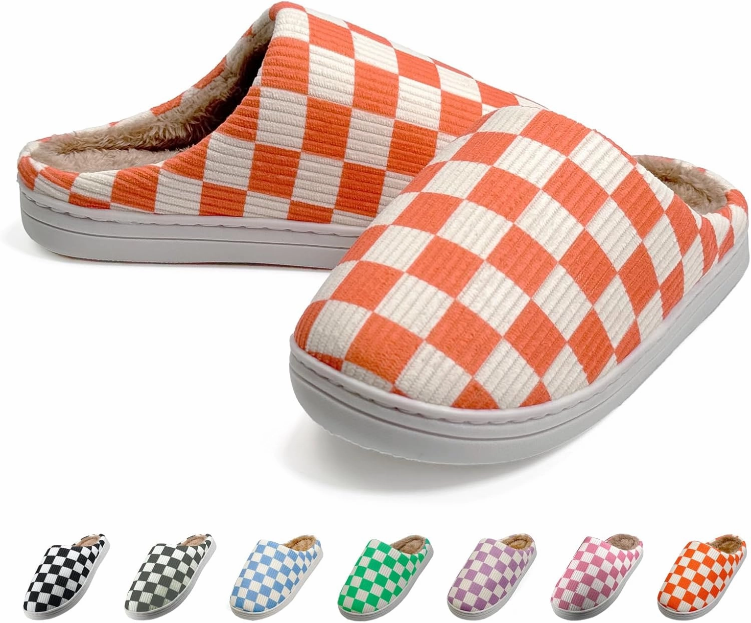 Checkered Memory Foam Slippers - Women's & Men's Soft Warm Bedroom House Slippers with Faux Fur Lining - Indoor/Outdoor - Pink, White, Black - Size 8/9