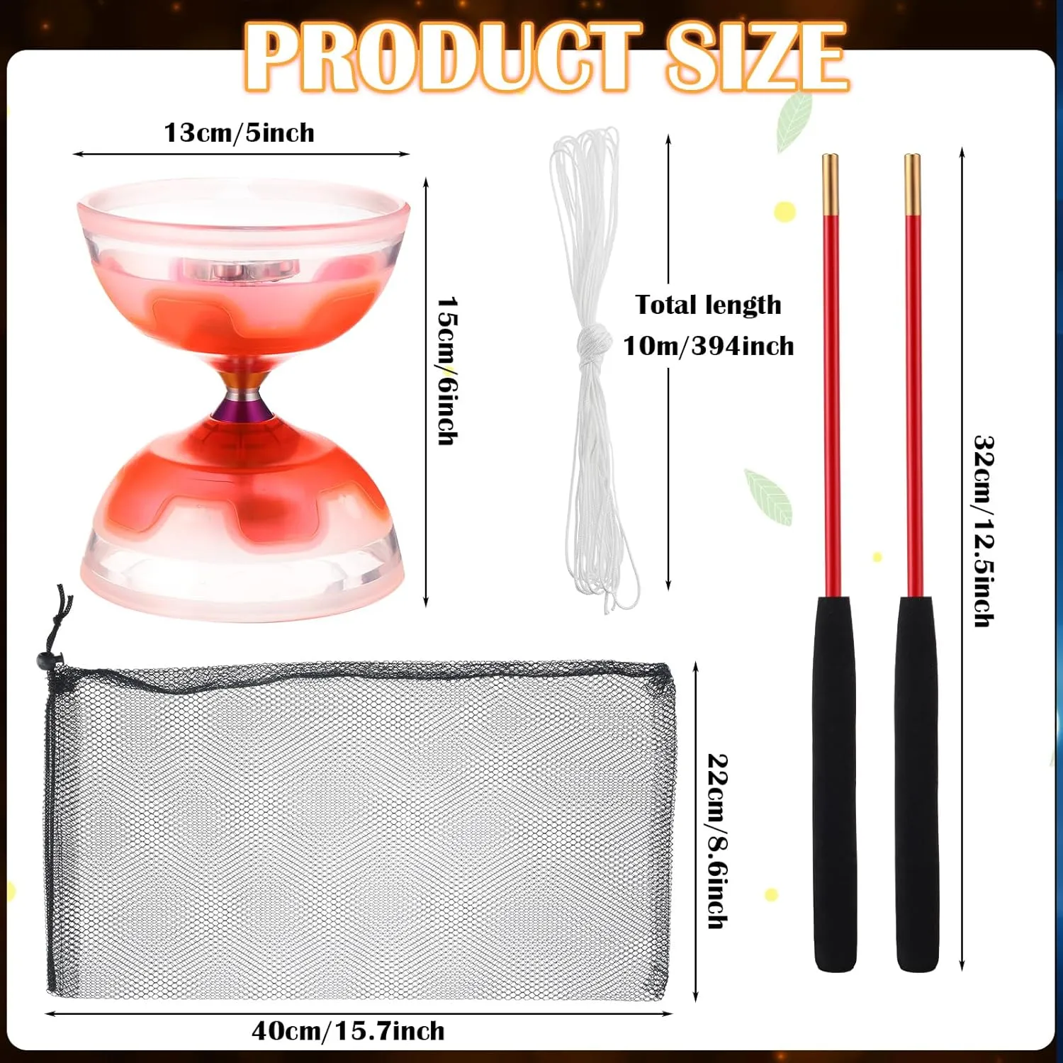 Chinese Yoyo Diabolo Set Includes 5 Inch Colorful LED Diabolo Toy Light Up with 2 Pieces Diabolo Sticks, 1 Piece Diabolo String and 1 Piece Net Bag for Fun (Orange)