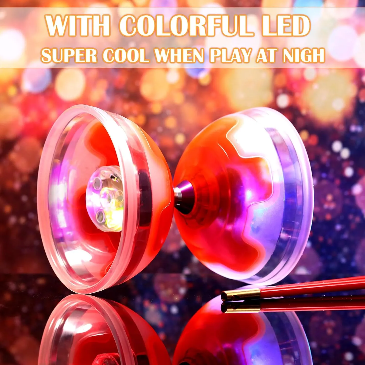 Chinese Yoyo Diabolo Set Includes 5 Inch Colorful LED Diabolo Toy Light Up with 2 Pieces Diabolo Sticks, 1 Piece Diabolo String and 1 Piece Net Bag for Fun (Orange)