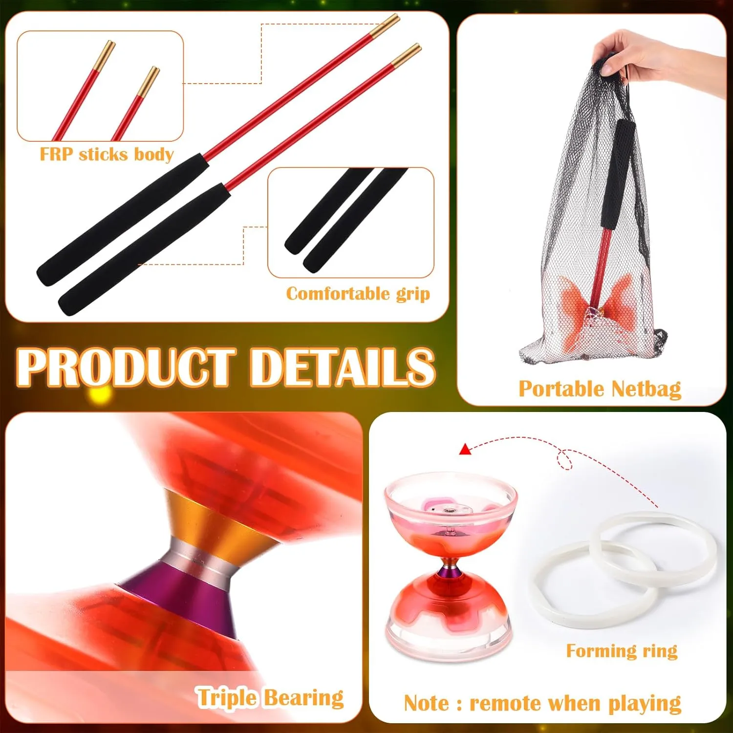 Chinese Yoyo Diabolo Set Includes 5 Inch Colorful LED Diabolo Toy Light Up with 2 Pieces Diabolo Sticks, 1 Piece Diabolo String and 1 Piece Net Bag for Fun (Orange)