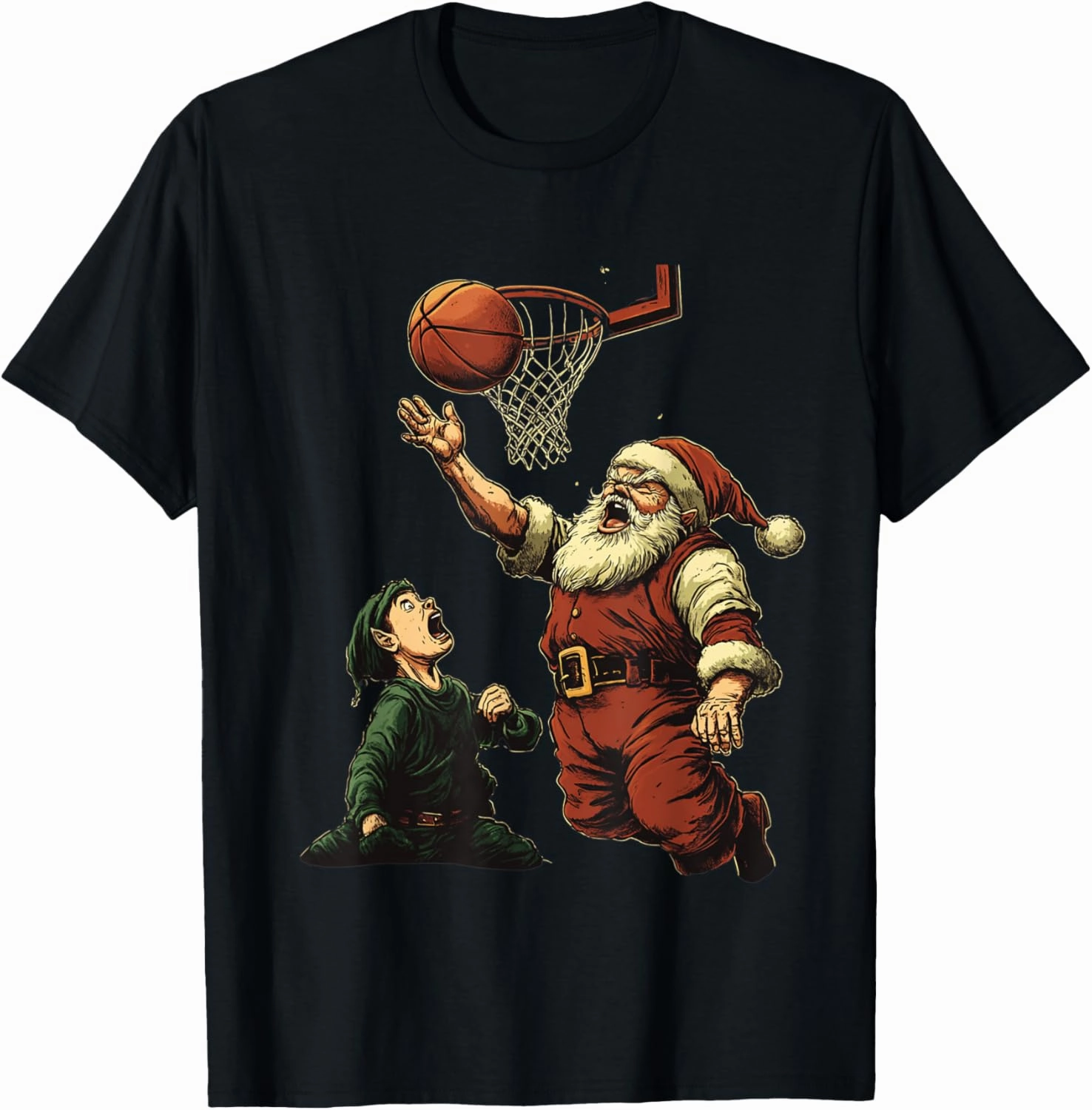 Christmas Basketball Santa Slam Dunk Funny Elf Holiday Humor T-Shirt