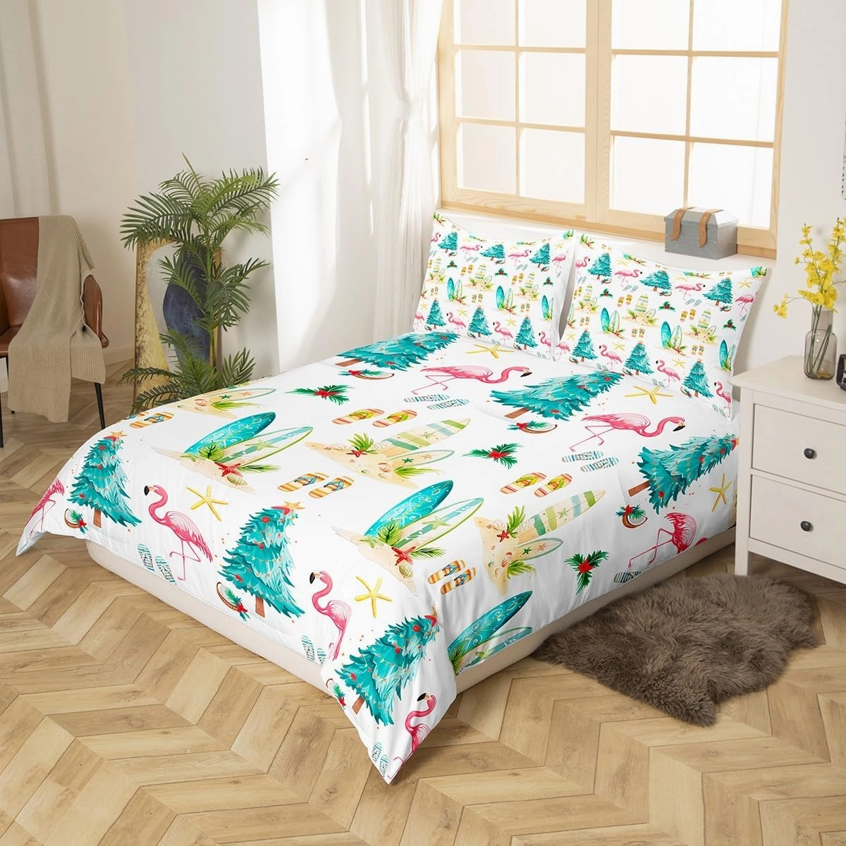 Christmas Beach Duvet Cover,Watercolor Summer Christmas Trees Flamingo Comforter Cover (Not Comforter),Seaside Surfboard Slippers Summer Theme Comforter Cover 3 Pcs with 2 Pillowcases Queen