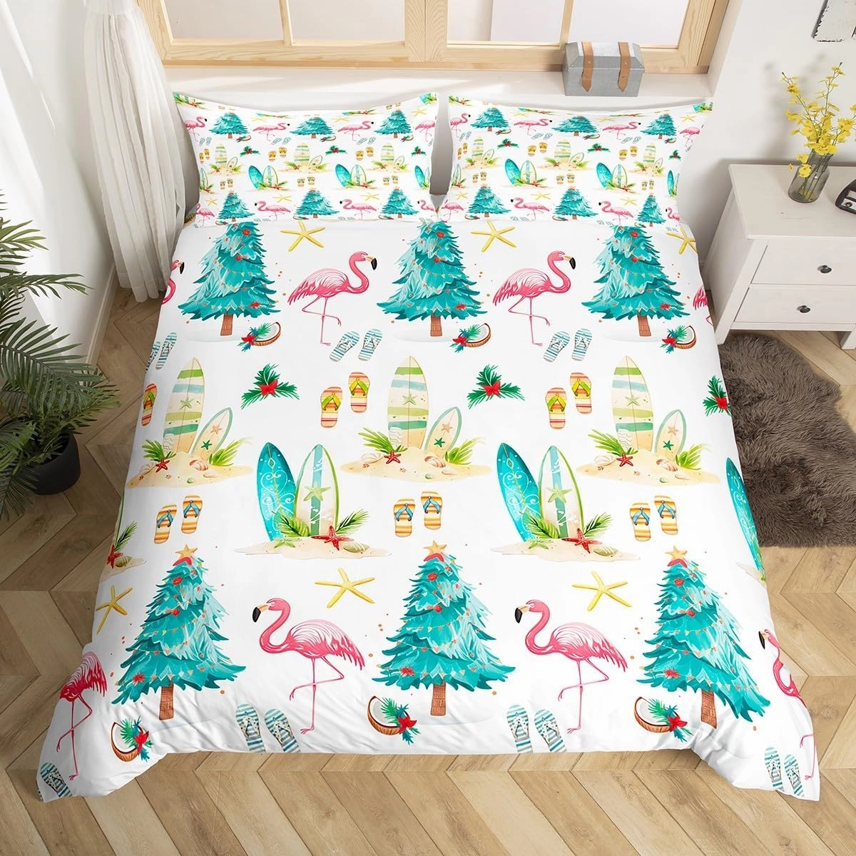 Christmas Beach Duvet Cover,Watercolor Summer Christmas Trees Flamingo Comforter Cover (Not Comforter),Seaside Surfboard Slippers Summer Theme Comforter Cover 3 Pcs with 2 Pillowcases Queen