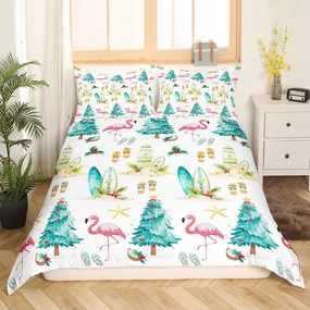Christmas Beach Duvet Cover,Watercolor Summer Christmas Trees Flamingo Comforter Cover (Not Comforter),Seaside Surfboard Slippers Summer Theme Comforter Cover 3 Pcs with 2 Pillowcases Queen