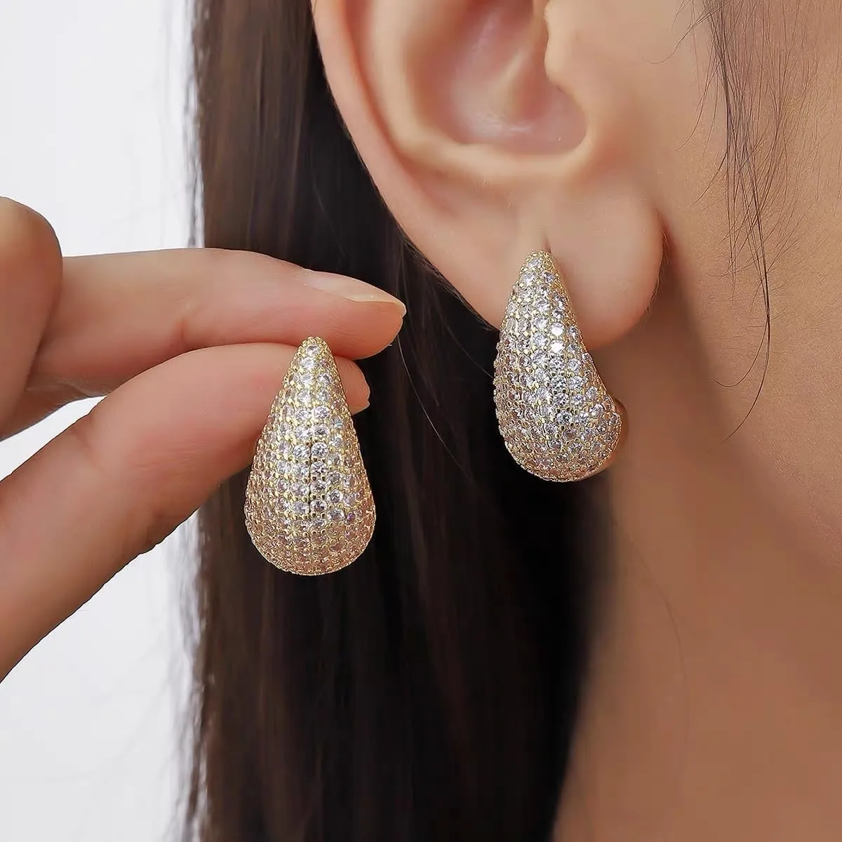 Chunky 18K Gold Plated Hoop Earring Silver Teardrop Earrings for Women Water Drop Lightweight Rhinestone Crystal Dangle Jewelry Wedding Bridal Bridesmaids Valentine's Gift for Woman Lover Mom