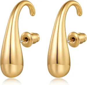 Chunky Thick Teardrop Earrings for Women Gold Hoop Earrings Cut Polished Droplet Earrings