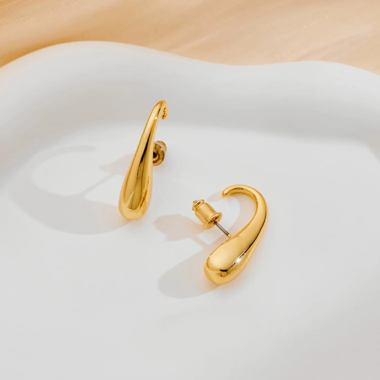 Chunky Thick Teardrop Earrings for Women Gold Hoop Earrings Cut Polished Droplet Earrings