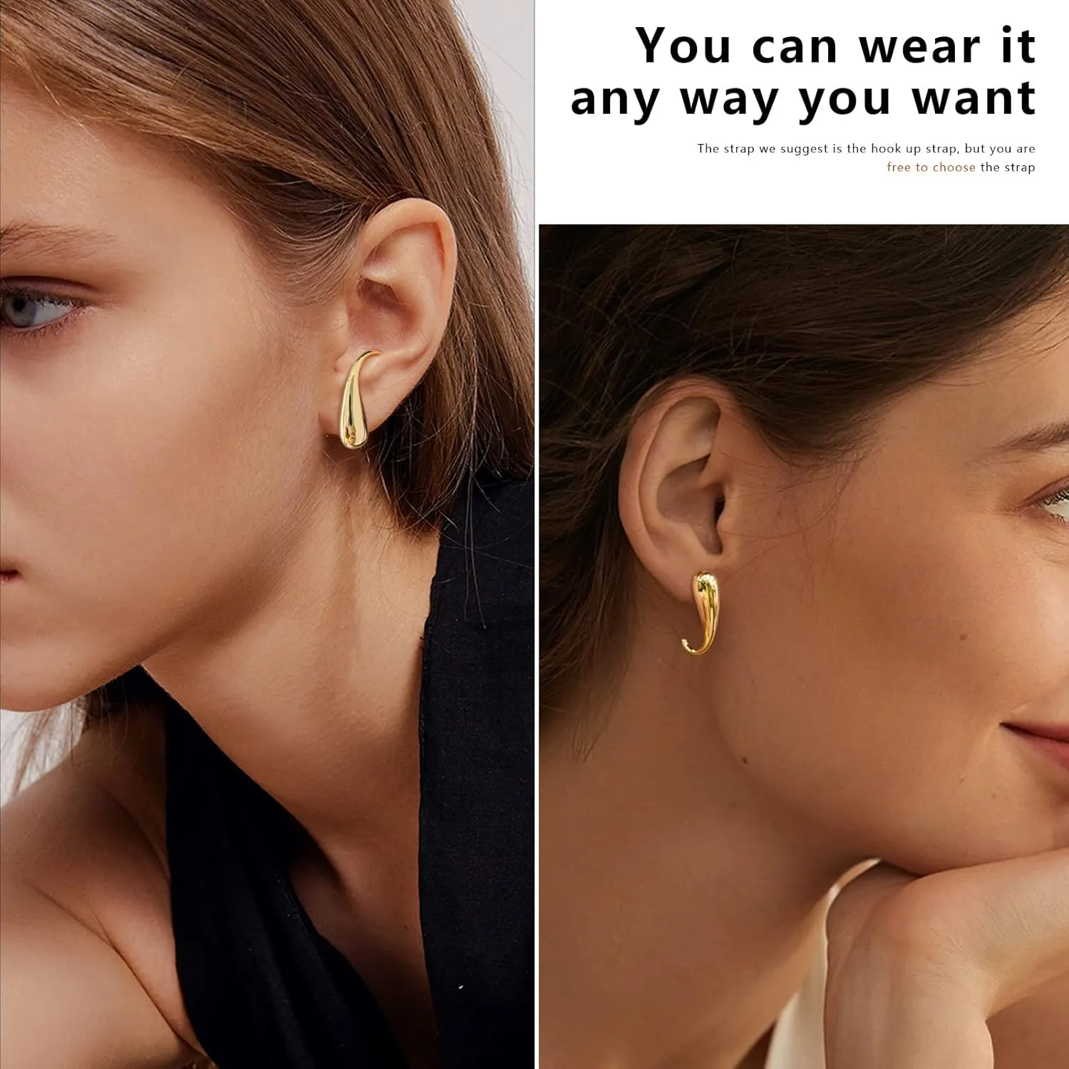 Chunky Thick Teardrop Earrings for Women Gold Hoop Earrings Cut Polished Droplet Earrings