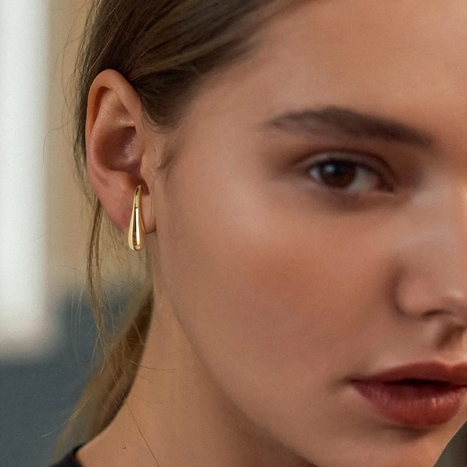 Chunky Thick Teardrop Earrings for Women Gold Hoop Earrings Cut Polished Droplet Earrings
