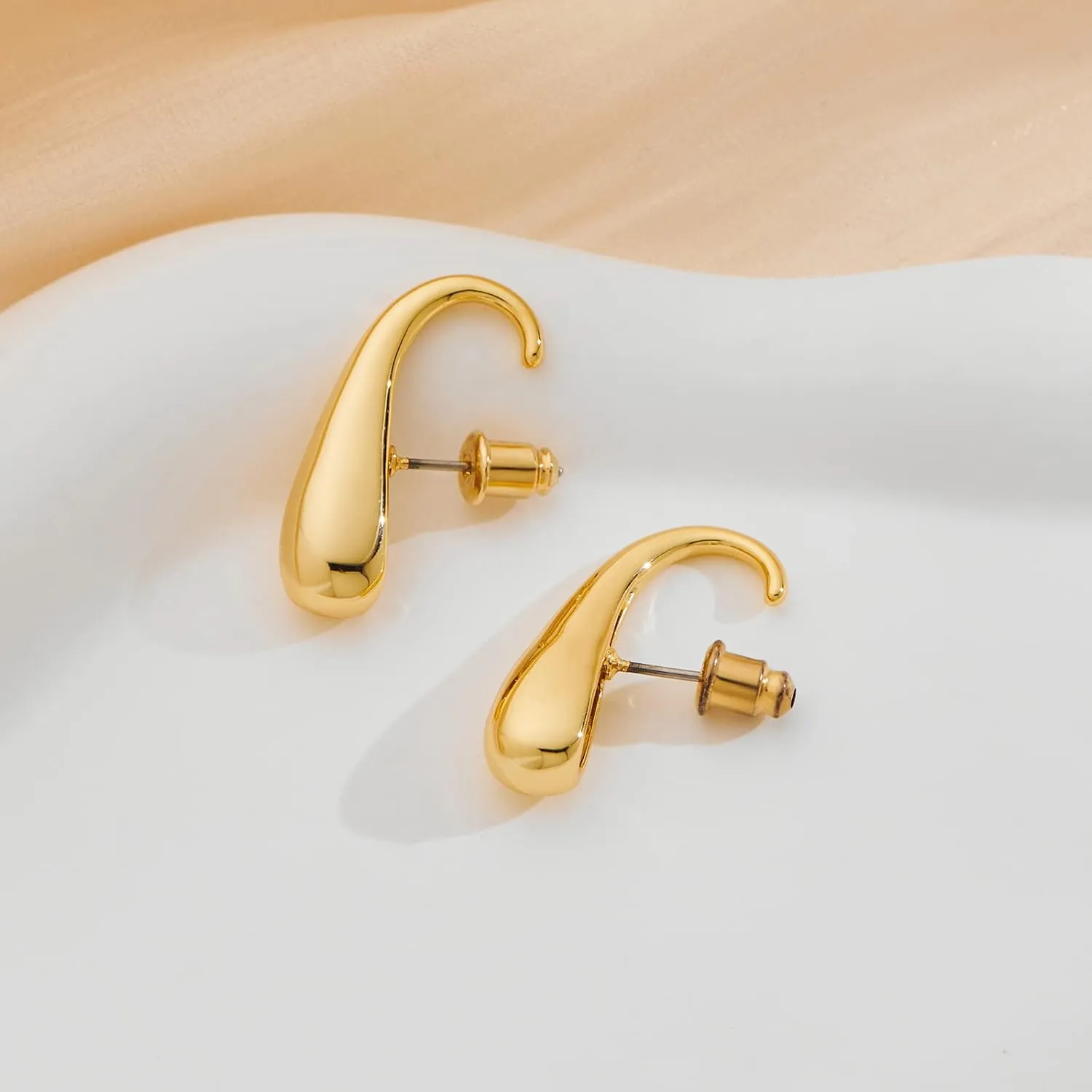 Chunky Thick Teardrop Earrings for Women Gold Hoop Earrings Cut Polished Droplet Earrings