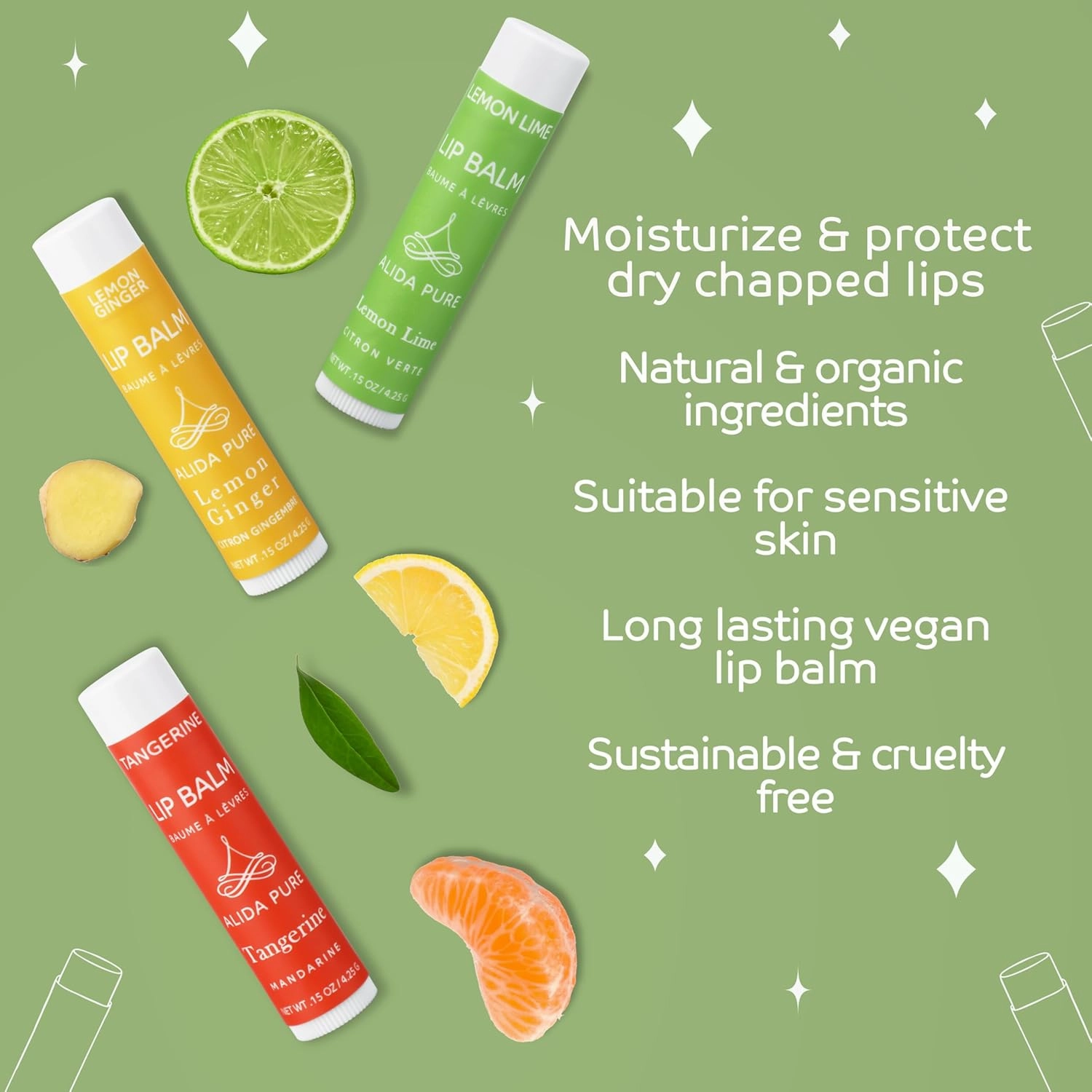 Citrus Lip Balm Collection, Vegan Set, Bees Wax Free, Coconut Oil Free, Avocado And, Organic Jojoba Oil, Vitamin E, Natural Moisturizer For Dry Cracked Lips, 3 Tube Set