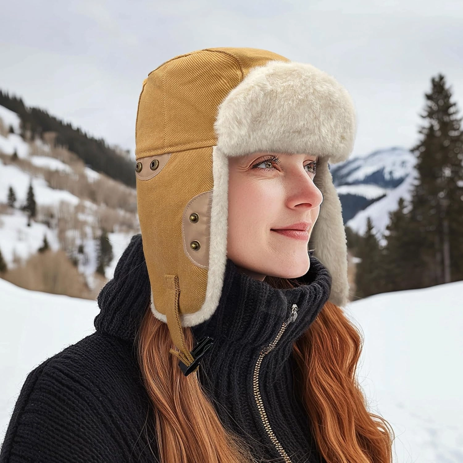 Clakllie Faux Fur Trapper Hat Warm Eskimo Hat Russian Trooper Hats Unisex Earflaps Hat with Chin Strap Winter Snow Cap