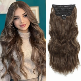 Clip in Hair Extensions for Women, 6PCS Long Wavy Curly Clip on Hair Extensions 20 Inch Chestnut Brown Synthetic Hairpieces
