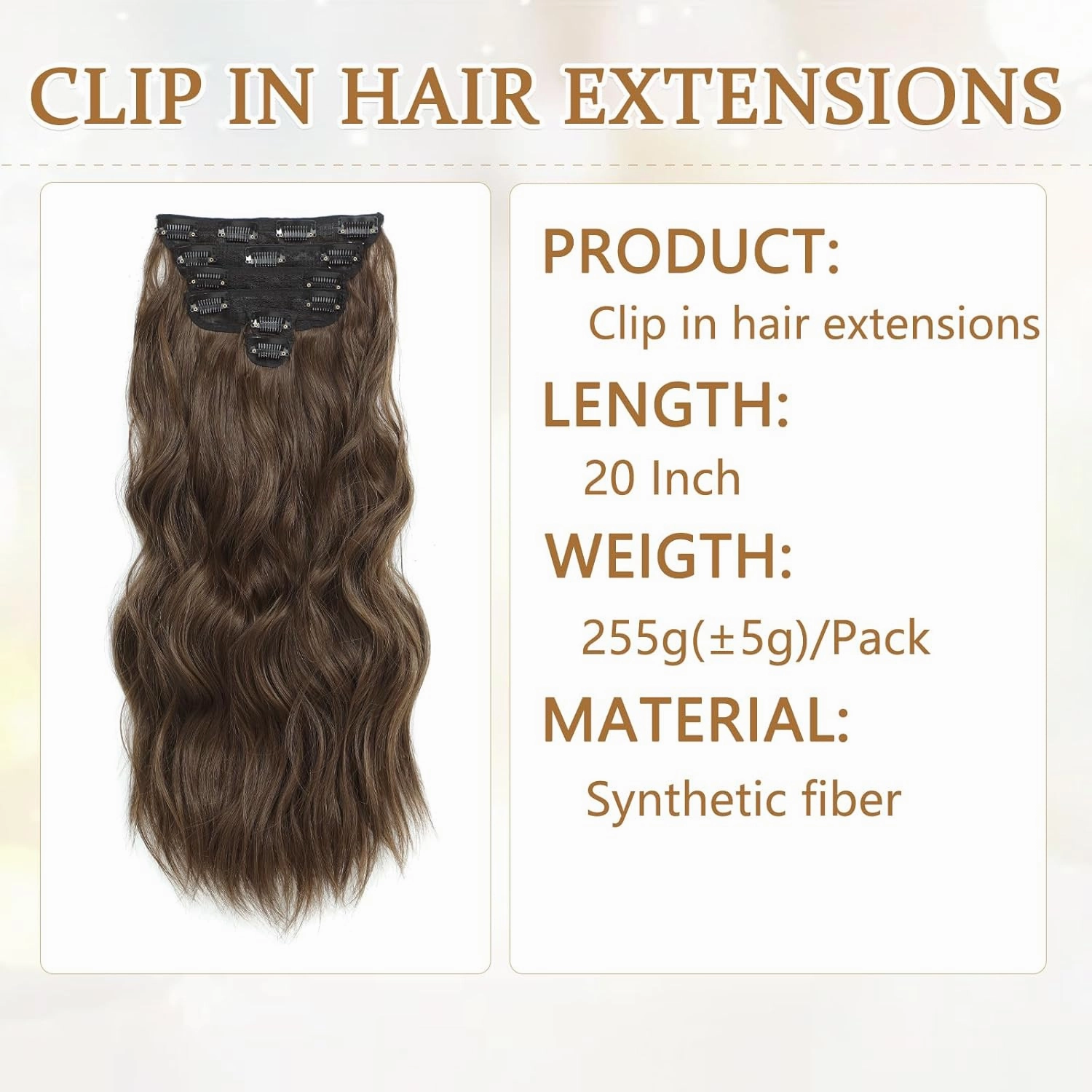 Clip in Hair Extensions for Women, 6PCS Long Wavy Curly Clip on Hair Extensions 20 Inch Chestnut Brown Synthetic Hairpieces