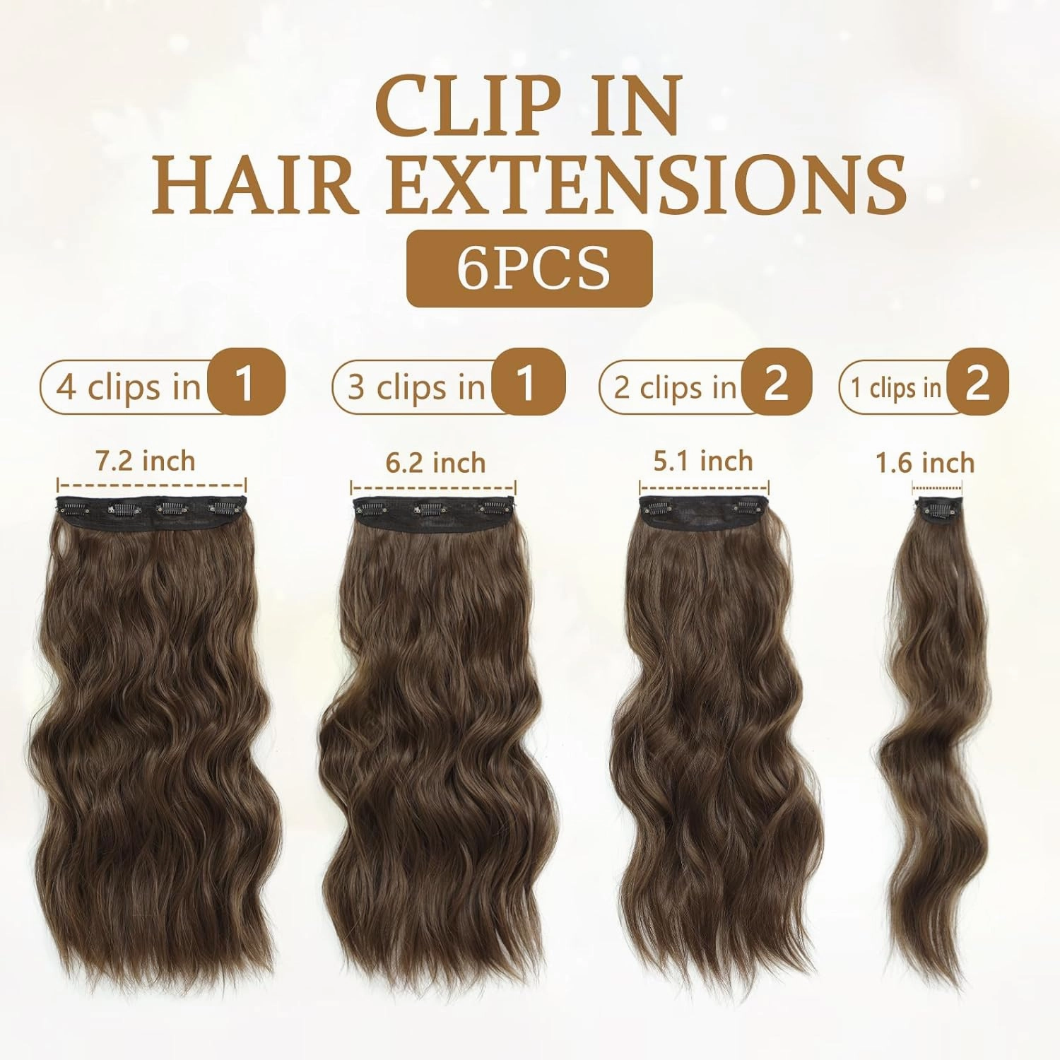 Clip in Hair Extensions for Women, 6PCS Long Wavy Curly Clip on Hair Extensions 20 Inch Chestnut Brown Synthetic Hairpieces