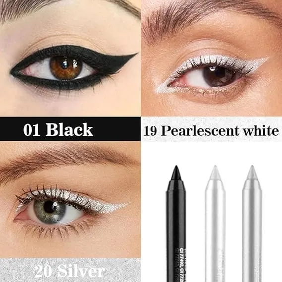 Colored Gel Glitter Eyeliner Pencils Pen Set,Eye Liners & Shadow Pencil Eye Makeup Colorful Eyeliner Kit (01#Black 19#Pearl White 20#Silver)