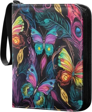 Colorful Butterflies Card Binder 4-Pocket, 400 Pockets Card Holder with 50 Removable Sleeves and Zipper for Games Baseball Football Sports Card