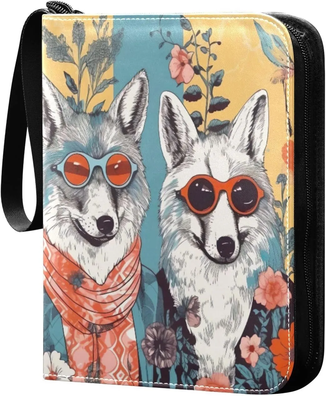 Colorful Cool Wolves Card Binder 4-Pocket, 400 Pockets Card Holder with 50 Removable Sleeves and Zipper for Games Baseball Football Sports Card