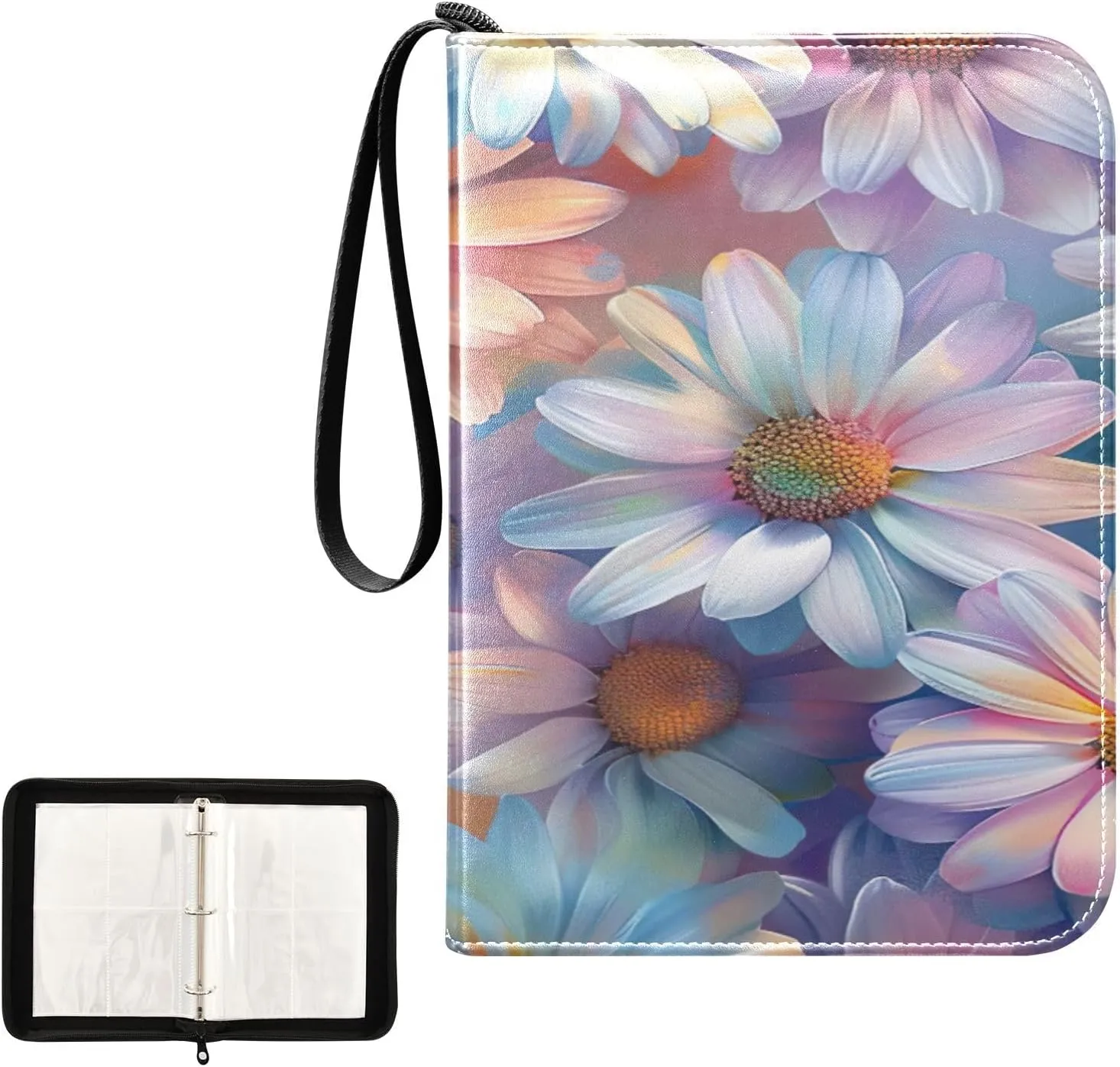 Colorful Daisies Collectible Trading Card Albums, Waterproof PU Card Collection Binder Fits 400 Cards with Removable Sleeves for Baseball Card, Football Card