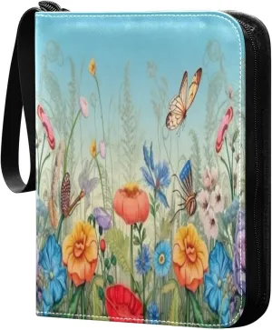 Colorful Flower Card Binder with Double Sided PU Leather Holder Albums Book with 400 Pockets for Collectible Trading Card Games Card