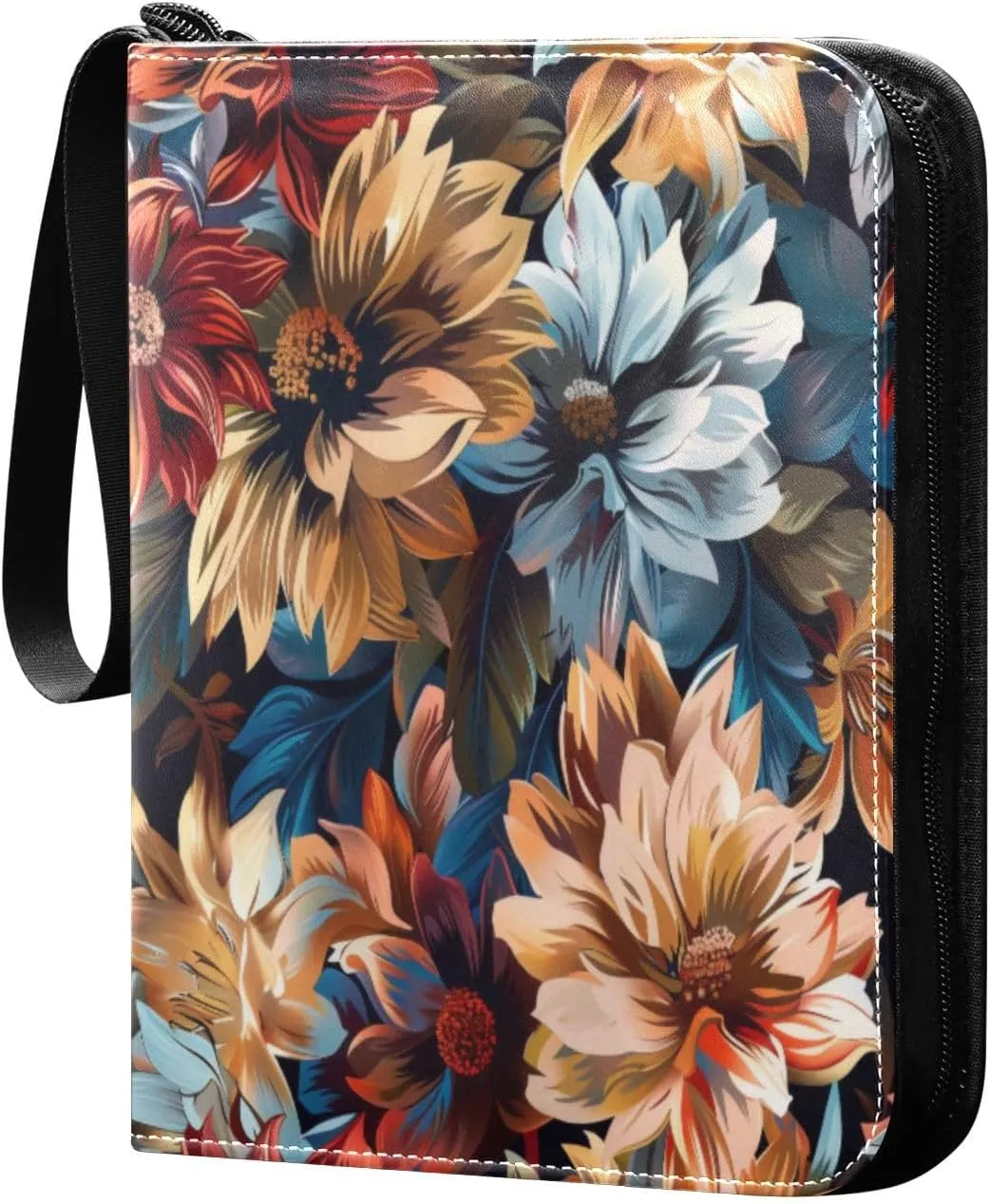 Colorful Flowers Card Binder 4-Pocket, 400 Pockets Card Holder with 50 Removable Sleeves and Zipper for Games Baseball Football Sports Card
