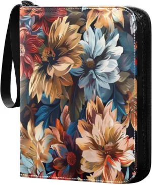 Colorful Flowers Card Binder 4-Pocket, 400 Pockets Card Holder with 50 Removable Sleeves and Zipper for Games Baseball Football Sports Card