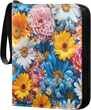 Colorful Flowers Card Binder 4-Pocket, 400 Pockets Card Holder with 50 Removable Sleeves and Zipper for Games Baseball Football Sports Card