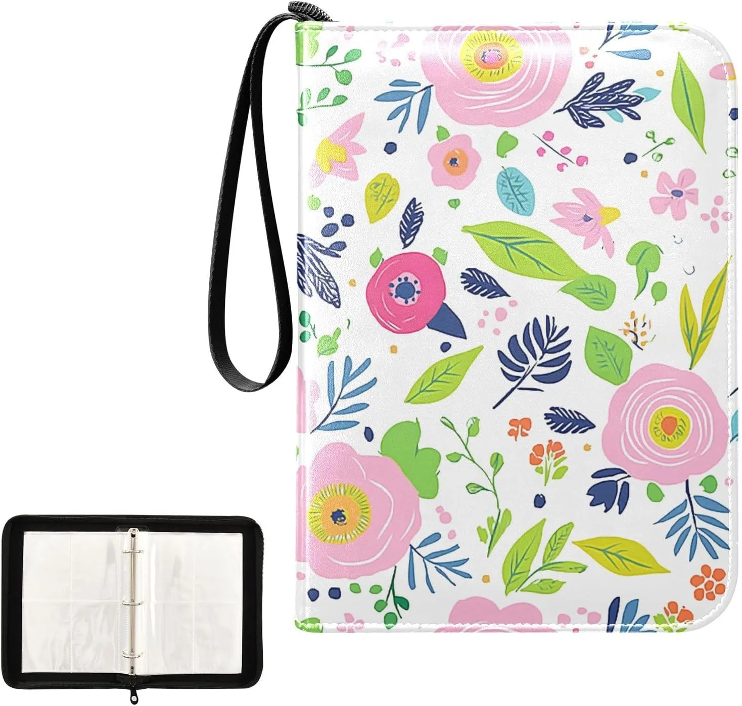 Colorful Flowers Leaf Card Binder 4 Pocket, Trading Card Holder Fits 400 Game Cards with 50 Removable Sleeves, MTG Card Case Standard Size